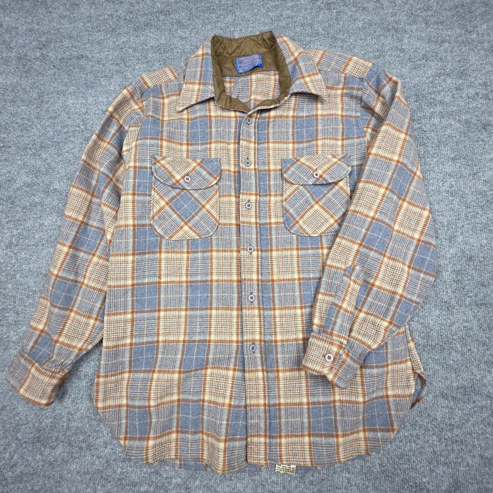 Vintage Pendleton Board Shirt Men's Large Beige Wool Button Up USA 60's 70's